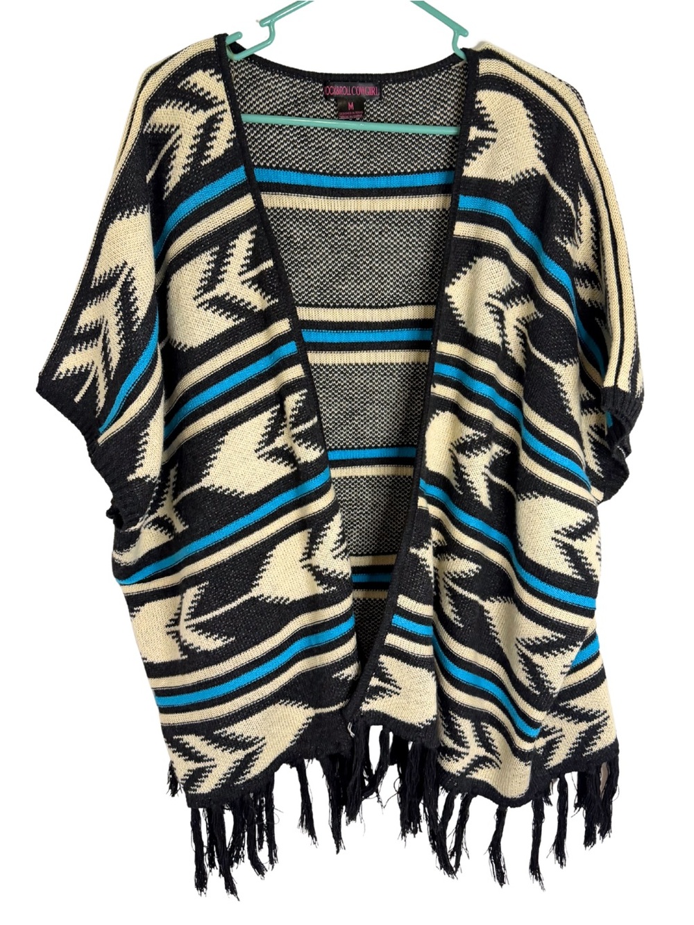 Rock & Roll Cowgirl Open Front Fringe Poncho - Black, Cream & Blue Size Medium - Picture 1 of 5